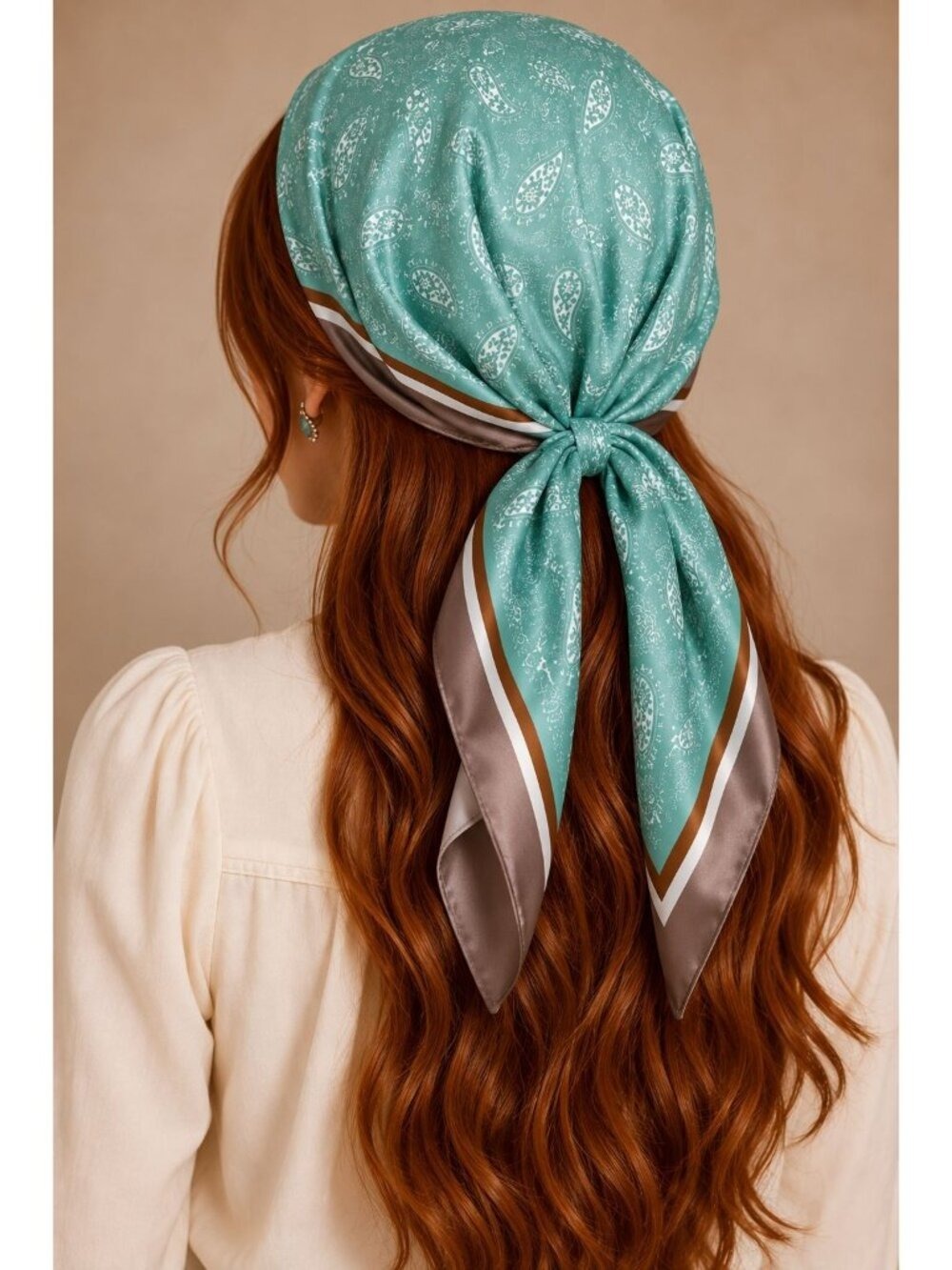 Aqua Teal Paisley Scarf 35x35 Satin Square Wild Rag Head Hair Scarf Western - Picture 5 of 6